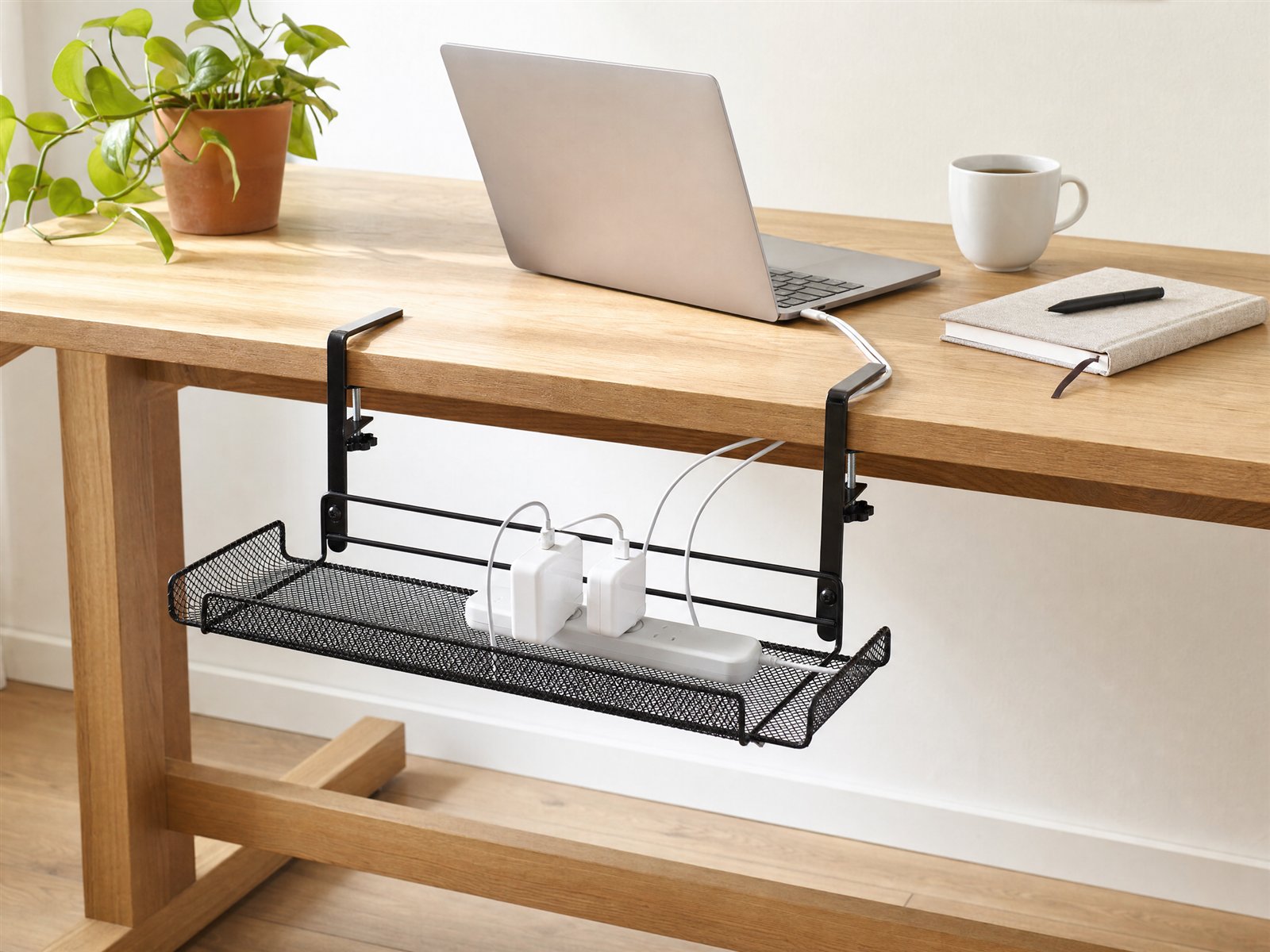 Under-desk cable basket — In use · strip off the floor