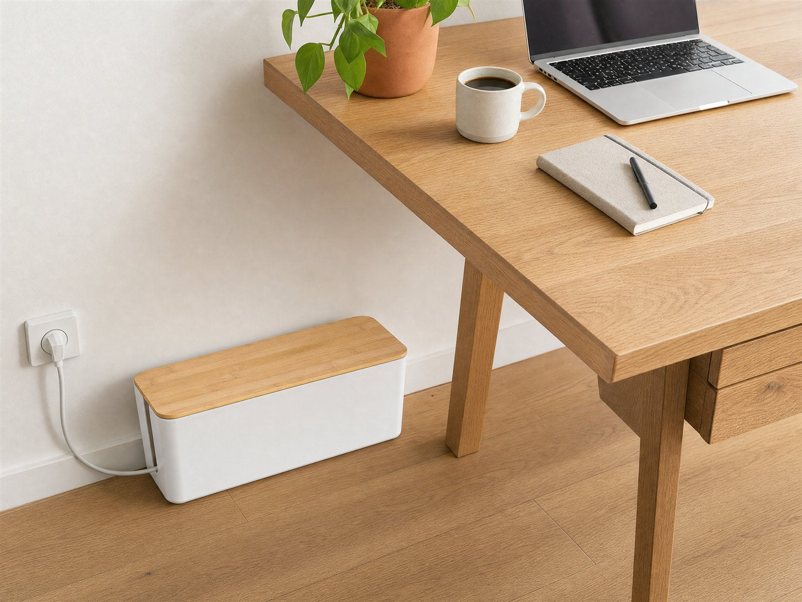 Cable box — In use · strip hidden by the desk