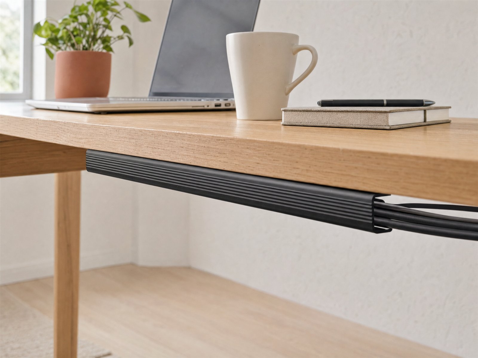 Under-desk cable tray — In use · under the back edge