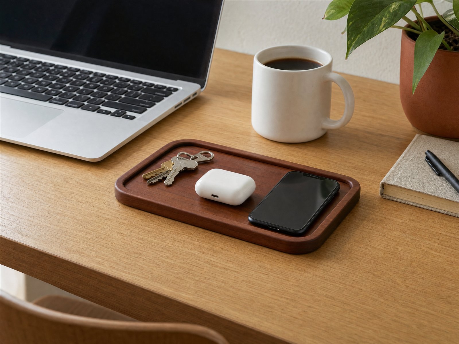 Wooden tray — In use · keys, earbuds, phone