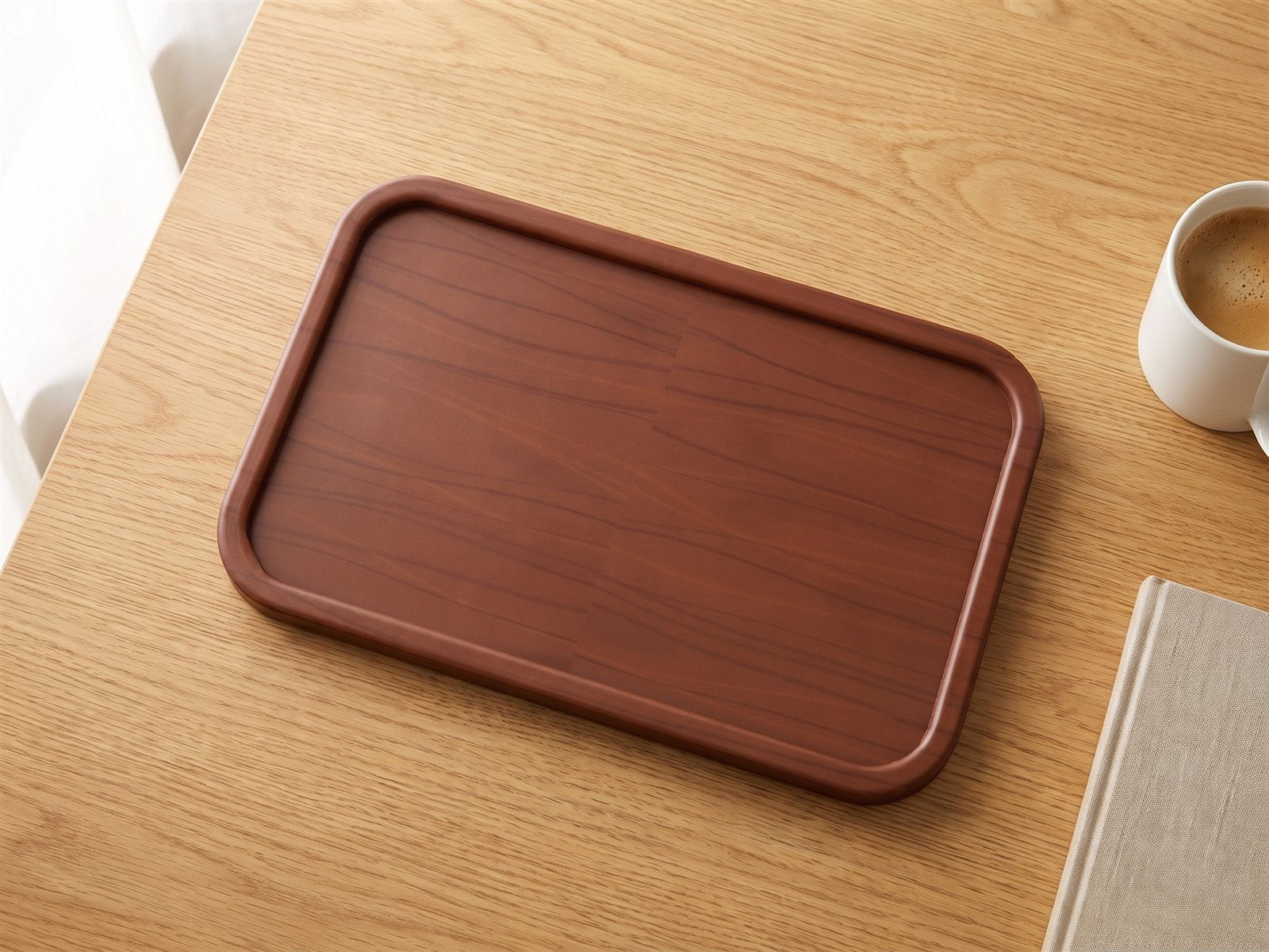Wooden tray — On the desk · from above