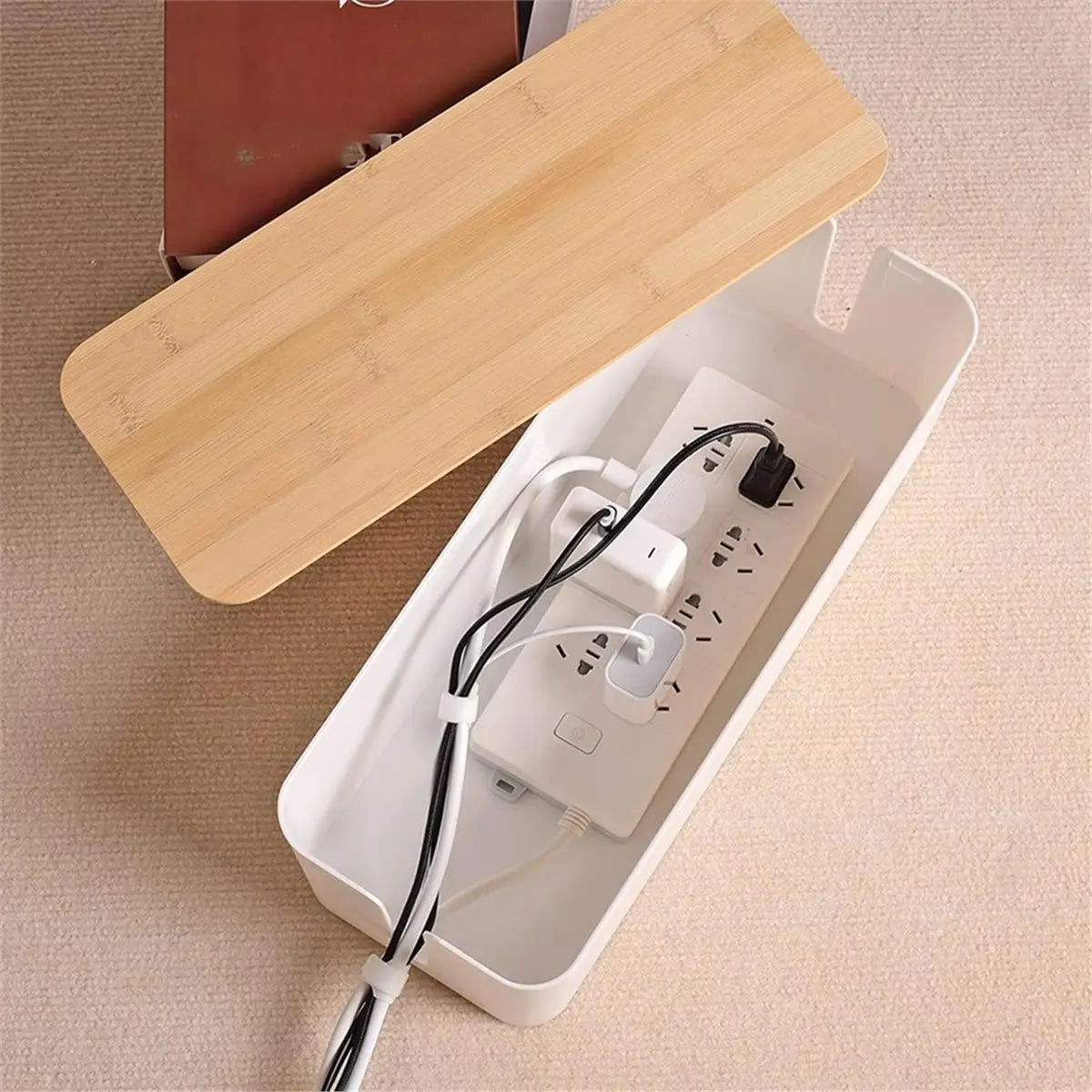 Cable box — Lid off · strip and plugs inside