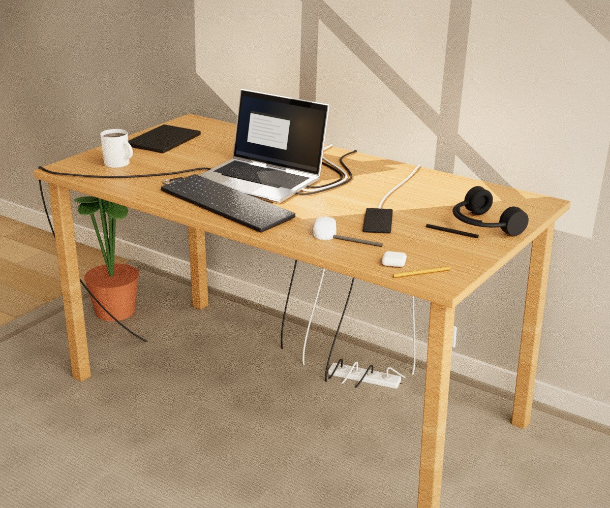 A small desk with loose cables, chargers and clutter everywhere