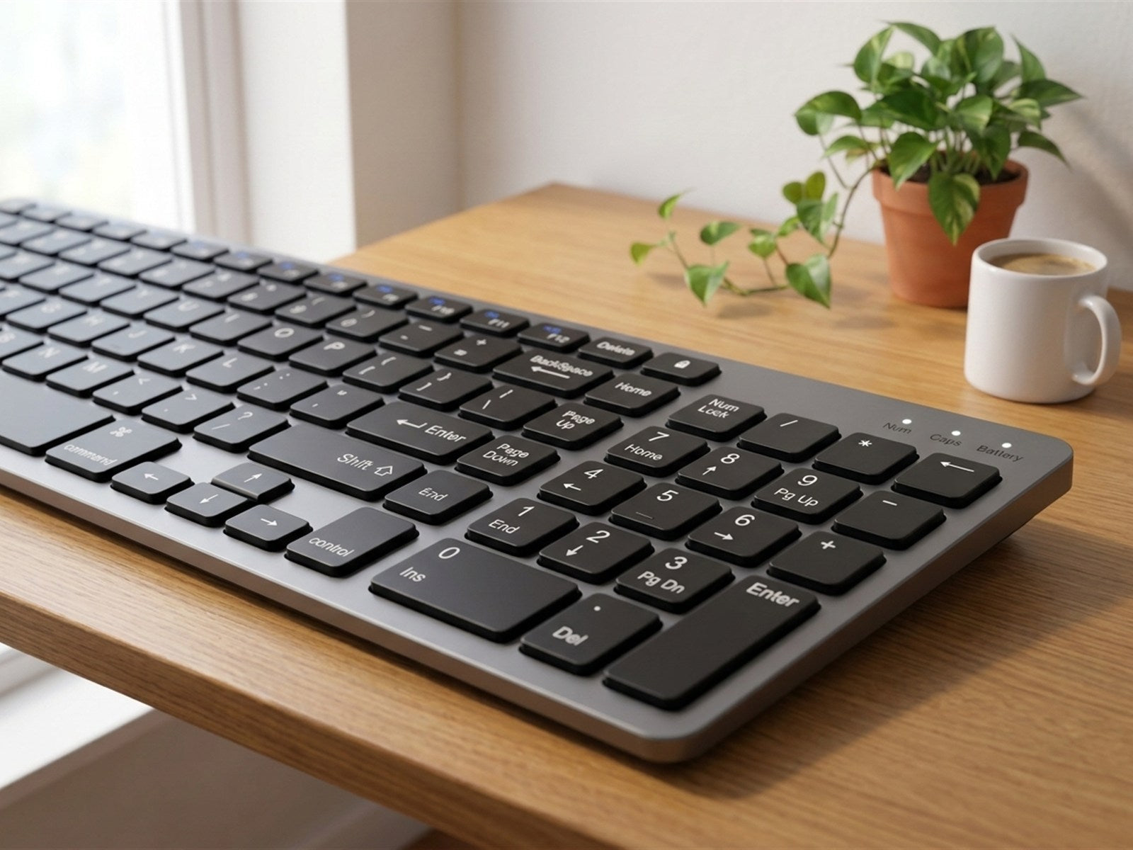 Wireless keyboard — On the desk · number pad and status lights